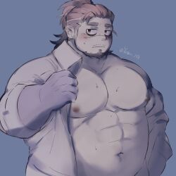 Rule 34 | 1boy, bags under eyes, bara, bare pectorals, belly, blush, boogeyman (housamo), brown hair, facial hair, fat, fat man, goatee, hiramushi (yusan 137), large pectorals, looking at viewer, looking to the side, male focus, mature male, multicolored hair, muscular, muscular male, mustache stubble, nipples, opened by self, pectorals, red eyes, sanpaku, solo, stubble, sweat, thick eyebrows, tokyo houkago summoners, two-tone hair