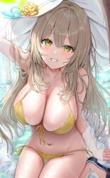 Rule 34 | 1girl, absurdres, bikini, blue archive, breasts, cleavage, commentary request, front-tie bikini top, front-tie top, green eyes, highres, jacket, large breasts, light brown hair, long hair, looking at viewer, navel, nonomi (blue archive), nonomi (swimsuit) (blue archive), official alternate costume, sandals, see-through, see-through jacket, side-tie bikini bottom, sitting, smile, solo, stomach, string bikini, swimsuit, thighs, uni ikura, wet, yellow bikini, yokozuwari