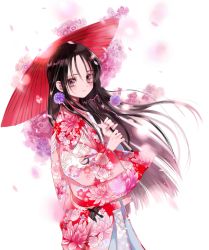 Rule 34 | 1girl, animal print, bird, bird print, black eyes, black hair, blush, commentary request, copyright request, crane (animal), floating hair, floral background, floral print, flower, from side, hair flower, hair ornament, hair ribbon, holding, holding umbrella, japanese clothes, kimono, long hair, long sleeves, looking at viewer, maruino, motion blur, oil-paper umbrella, petals, red kimono, red umbrella, ribbon, smile, solo, standing, straight hair, tress ribbon, umbrella, very long hair, white background, wind