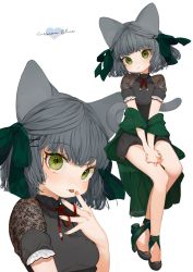 Rule 34 | 1girl, :t, animal ears, black dress, black footwear, blush, bow, cat ears, cat girl, cat tail, closed mouth, dress, face, fingernails, gotou (nekocat), green bow, green eyes, grey hair, hair bow, hair ornament, hairclip, hand to own mouth, hand up, head tilt, heart, highres, interlocked fingers, looking at viewer, multiple views, nail polish, neck ribbon, original, own hands together, personification, pout, red ribbon, ribbon, see-through, see-through sleeves, shoes, short hair, short sleeves, signature, simple background, sitting, tail, tongue, tongue out, white background, x hair ornament
