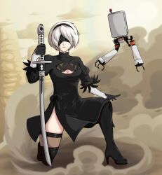 Rule 34 | 1girl, 2b (nier:automata), absurdres, back cutout, black blindfold, black hairband, blindfold, boots, clothing cutout, covered eyes, desert, dust, dust cloud, ememtrp, feather-trimmed sleeves, full body, hairband, highres, holding, holding sword, holding weapon, mole, mole under mouth, nier:automata, nier (series), on one knee, pod (nier:automata), rainbow gradient, sword, thighhighs, thighhighs under boots, virtuous contract, weapon