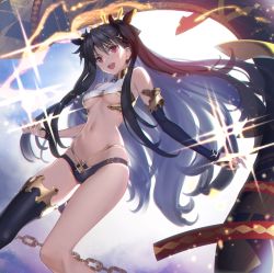Rule 34 | 1girl, absurdres, asymmetrical legwear, asymmetrical sleeves, bow, breasts, bridal gauntlets, brown hair, collar, commentary request, crown, earrings, elbow gloves, fate/grand order, fate (series), gloves, groin, heavenly boat maanna, highres, hip bones, hoop earrings, ishtar (fate), jewelry, long hair, medium breasts, navel, neck ring, open mouth, photoshop (medium), red eyes, siino, single elbow glove, single thighhigh, solo, thighhighs, underboob, uneven legwear, uneven sleeves, very long hair