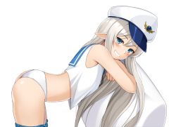 Rule 34 | 1girl, ass, bad id, bad pixiv id, blouse, blue eyes, blush, clothes pull, commentary request, dungeon and fighter, from side, grin, hat, korean commentary, leaning forward, long hair, looking at viewer, maemi (maemi12), panties, pants, pants pull, peaked cap, pointy ears, sailor collar, shirt, silver hair, sleeveless, sleeveless shirt, smile, smug, standing, underwear, white background, white panties