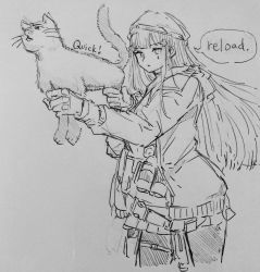 Rule 34 | 1girl, animal, cat, commentary, cowboy shot, english commentary, expressionless, facial mark, girls&#039; frontline, girls&#039; frontline neural cloud, gloves, greyscale, hair ornament, hat, highres, hk416 (girls&#039; frontline), holding, holding animal, holding cat, long hair, long sleeves, mesuosushi, monochrome, speech bubble, standing, teardrop, unconventional gun