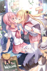 Rule 34 | 2girls, ahoge, animal, bench, black cat, black footwear, blonde hair, blush, bow, breasts, cat, closed eyes, commentary request, covering ass, covering privates, day, flower, hair between eyes, hair bobbles, hair flower, hair ornament, hand up, highres, holding hands, interlocked fingers, kiss, leaning forward, loafers, long hair, low twintails, multiple girls, natuna natu, on bench, original, outdoors, pink hair, pink sailor collar, pink skirt, pleated skirt, ponytail, red bow, red eyes, sailor collar, school uniform, serafuku, shirt, shoes, short sleeves, short twintails, sitting, skirt, small breasts, standing, standing on one leg, sunflower, sunflower hair ornament, thighhighs, twintails, very long hair, white cat, white legwear, white shirt, window, x hair ornament, yellow flower, yuri