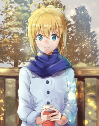 Rule 34 | 1girl, ahoge, artoria pendragon (all), artoria pendragon (fate), blonde hair, blue eyes, blue scarf, braid, braided bun, coat, fate/stay night, fate (series), gorogoronemuri, hair between eyes, hair bun, highres, holding, lens flare, looking at viewer, official alternate costume, outdoors, saber (fate), scarf, smile, solo, upper body, white coat, winter clothes, winter coat