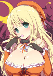Rule 34 | 10s, 1girl, alternate costume, atago (kancolle), bat (animal), black gloves, blonde hair, blush, breasts, candy, cleavage, crescent moon, detached collar, detached sleeves, food, gloves, green eyes, halloween, hat, kantai collection, large breasts, lips, long hair, looking at viewer, moon, smile, solo, star (symbol), upper body, watanon (gakushokutei)