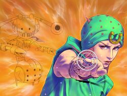 Rule 34 | 2boys, concentric circles, foreshortening, hat, highres, hood, hoodie, horseshoe ornament, johnny joestar, jojo no kimyou na bouken, keiimajima02, lips, male focus, multiple boys, outstretched hand, realistic, red eyes, red hair, sleeveless, star (symbol), steel ball run, tusk act2