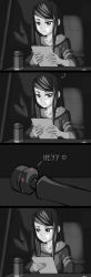 Rule 34 | !, 1girl, absurdres, artist request, bad hands, black eyes, black hair, blush, collarbone, comic, dark, english text, heart, highres, hitachi magic wand, holding, holding paper, hood, hoodie, implied masturbation, indoors, jill stingray, long hair, monochrome, paper, reading, sex toy, solo, source request, spoken exclamation mark, spoken heart, spot color, swept bangs, va-11 hall-a, vibrator