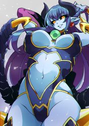 Rule 34 | 1girl, arm behind head, arms up, astaroth (shinrabanshou), bad id, bad pixiv id, bare shoulders, black sclera, blue hair, blue leotard, blue skin, blurry, breasts, bridal gauntlets, center opening, cleavage, clothing cutout, colored sclera, colored skin, cowboy shot, demon girl, demon horns, depth of field, detached collar, earrings, eyebrows, from below, gradient background, gradient hair, grin, groin, hair between eyes, heart, heart earrings, highleg, highleg leotard, highres, horns, jewelry, large breasts, leotard, long hair, long pointy ears, looking at viewer, midriff, multicolored hair, nail polish, navel, navel cutout, pointy ears, red nails, sebone, shinrabanshou, skindentation, slit pupils, smile, solo, standing, tail, thighhighs, very long hair, wings, yellow eyes