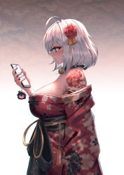 Rule 34 | 1girl, ahoge, bare shoulders, bell, blue eyes, blush, breasts, cellphone, cellphone charm, charm (object), closed mouth, commentary, english commentary, eyebrows hidden by hair, floral print, flower, from side, hair between eyes, hair flower, hair ornament, heart, heart-shaped eyes, highres, holding, holding phone, japanese clothes, jingle bell, kimono, large breasts, obi, off shoulder, original, phone, print kimono, profile, red flower, red kimono, red rose, rose, sash, silver hair, solo, tattoo, thick eyebrows, yurichtofen