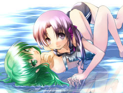 Rule 34 | 2girls, alric, artistic error, bad id, bad pixiv id, bad reflection, breasts, downblouse, girl on top, green eyes, green hair, holding hands, interlocked fingers, long hair, lying, multiple girls, nipple slip, nipples, on back, one-piece swimsuit, original, purple hair, reflection, small breasts, smile, swimsuit