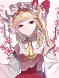 Rule 34 | 1girl, ascot, blonde hair, blunt bangs, branch, cherry blossoms, closed mouth, collared shirt, commentary, crystal, crystal flower, drill hair, expressionless, flandre scarlet, floral print, flower, frilled shirt collar, frills, hair flower, hair ornament, hat, hat ribbon, highres, long hair, long sleeves, looking at viewer, mob cap, nubezon, pink vest, red eyes, red ribbon, red skirt, ribbon, shirt, skirt, solo, touhou, upper body, vest, white background, white hat, white shirt, yellow ascot