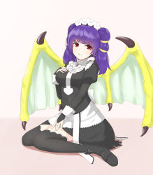 Rule 34 | 1girl, bridal gauntlets, chirun0, closed mouth, dragon wings, fire emblem, fire emblem: the sacred stones, fire emblem fates, full body, highres, long sleeves, maid, maid headdress, multi-tied hair, myrrh (fire emblem), nintendo, puffy sleeves, purple hair, red eyes, simple background, sitting, smile, solo, thighhighs, twintails, wings