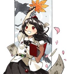 Rule 34 | 1girl, :d, belt, bird, black belt, black skirt, buttons, collared shirt, commentary, crow, floating hair, happy, hat, hauchiwa, highres, holding, holding notebook, kaigen 1025, medium hair, newspaper, notebook, open mouth, pen, pocket, puffy short sleeves, puffy sleeves, red eyes, red hat, shameimaru aya, shirt, short sleeves, skirt, smile, solo, tokin hat, touhou, upper body, white shirt