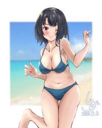 Rule 34 | 1girl, artist logo, bikini, black hair, blue bikini, breasts, cleavage, commentary request, cowboy shot, dated, highres, kantai collection, large breasts, ld (luna dial398), looking at viewer, one-hour drawing challenge, one eye closed, red eyes, running, short hair, solo, swimsuit, takao (kancolle)
