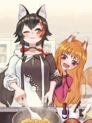 2girls :3 animal_ear_fluff animal_ears behind_another belt_collar black_collar black_hair black_hoodie blush bottle breasts cabinet closed_mouth collar collarbone commentary_request cooking copyright_name double-parted_bangs drawstring drooling fingernails food frying_pan hair_ornament hairclip hand_on_another&#039;s_arm hand_on_another&#039;s_shoulder highres holding holding_frying_pan holding_spatula holo hololive hood hood_down hoodie indoors jewelry kitchen leaning_to_the_side long_hair long_sleeves looking_at_another looking_to_the_side low_ponytail measuring_cup medium_breasts multicolored_hair multicolored_hoodie multiple_girls necklace one_eye_closed ookami_mio ookami_mio_(casual) open_mouth orange_eyes orange_hair pink_shirt ponytail pouch raised_eyebrows raised_inner_eyebrows red_eyes red_hair saliva shirt sidelocks sideways_glance sleeves_pushed_up smile spatula spice_and_wolf steam streaked_hair tail thick_eyelashes three-quarter_sleeves two-tone_hair two-tone_hoodie very_long_hair virtual_youtuber wavy_mouth white_hair white_hoodie wolf_ears wolf_girl wolf_tail x_hair_ornament yunagi_teguru