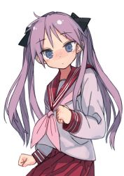 Rule 34 | 1girl, black ribbon, blue eyes, blush, commentary request, cowboy shot, hair ribbon, highres, hiiragi kagami, kaneni, long hair, looking at viewer, lucky star, pink neckwear, pleated skirt, purple hair, red sailor collar, red skirt, ribbon, ryouou school uniform, sailor collar, school uniform, serafuku, simple background, skirt, solo, tsurime, twintails, white background