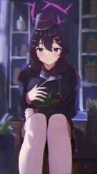 Rule 34 | 1girl, black hair, black skirt, blue archive, blush, commentary request, flower pot, garrison cap, hair between eyes, hair ornament, hairclip, halo, haruka (blue archive), hat, highres, holding, holding flower pot, indoors, jianjia, long hair, long sleeves, looking at viewer, plant, potted plant, purple eyes, purple halo, sitting, skirt, solo
