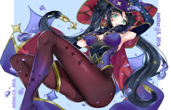 Rule 34 | 1girl, :p, aqua eyes, armpits, ass, black pantyhose, blush, breasts, cape, covered navel, elbow gloves, genshin impact, gloves, hat, leotard, long hair, looking at viewer, mona (genshin impact), pantyhose, smile, solo, srpzk, tongue, tongue out, twintails, very long hair, witch hat