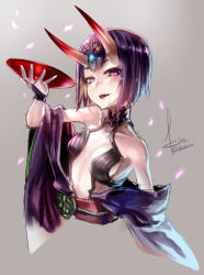 Rule 34 | 1girl, artist name, breasts, commentary request, cup, detached sleeves, falling petals, fangs, fate (series), grey background, hair ornament, highres, horns, japanese clothes, kimono, kito (kito2), looking at viewer, obi, off shoulder, open mouth, petals, purple eyes, purple hair, sakazuki, saliva, sash, short hair, shuten douji (fate), skin-covered horns, small breasts, smile, solo, tongue, tongue out, translation request, twitter username, upper body, wide sleeves