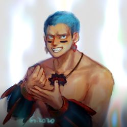 Rule 34 | 1boy, artist name, blue eyes, blue hair, blush, character request, clenched hand, collarbone, constricted pupils, dated, earrings, english text, fangs, forehead, godzillapigeon1, grin, hands up, happy, highres, jewelry, looking at viewer, male focus, matching hair/eyes, necklace, nose blush, pectorals, scissor seven, short hair, signature, simple background, sketch, smile, solo, teeth, upper body, vambraces, white background
