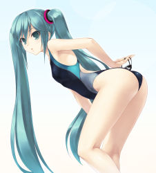 Rule 34 | 1girl, aqua eyes, aqua hair, armpits, ass, blue one-piece swimsuit, competition swimsuit, covered erect nipples, feet out of frame, flat chest, from side, goggles, hatsune miku, highres, holding, holding goggles, holding removed eyewear, kneepits, leaning forward, legs, long hair, looking at viewer, looking to the side, one-piece swimsuit, simple background, solo, swim goggles, swimsuit, thighs, twintails, unworn eyewear, unworn goggles, very long hair, vocaloid, wacchi