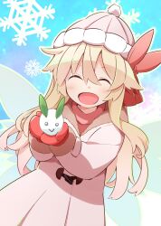 Rule 34 | 1girl, :d, ^ ^, absurdres, alternate costume, alternate headwear, beanie, blonde hair, closed eyes, coat, facing viewer, fairy, fairy wings, hair between eyes, hat, highres, lily white, long hair, long sleeves, mittens, open mouth, pom pom (clothes), red mittens, smile, snow rabbit, snowflakes, solo, touhou, white coat, white hat, wings, yutamaro