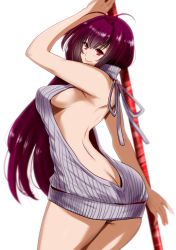 Rule 34 | 1girl, alternate costume, antenna hair, armpits, ass, backless dress, backless outfit, bare arms, bare back, bare shoulders, breasts, butt crack, cowboy shot, dress, fate/grand order, fate (series), from side, gae bolg (fate), holding, holding weapon, large breasts, long hair, looking at viewer, looking to the side, meme attire, perepere-kun, polearm, purple hair, red eyes, ribbed sweater, scathach (fate), sideboob, smile, solo, spear, sweater, sweater dress, very long hair, virgin killer sweater, weapon