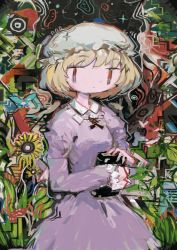 Rule 34 | 1girl, abstract, abstract background, blonde hair, book, bug, butterfly, collared dress, dress, flower, frilled hat, frills, hat, hito (nito563), holding, holding book, insect, long sleeves, maribel hearn, mob cap, purple dress, red eyes, short hair, solo, touhou, upper body, white hat, yellow flower