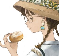 Rule 34 | 1girl, braid, brown hair, closed mouth, doughnut, earrings, food, glasses, hat, holding, holding food, jewelry, long hair, looking back, namaehafu, original, shirt, simple background, solo, straw hat, twin braids, upper body, white background, white shirt