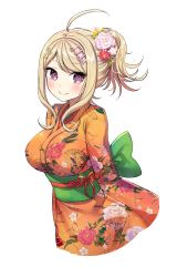 Rule 34 | 1girl, ahoge, akamatsu kaede, alternate costume, alternate hairstyle, beamed quavers, blonde hair, blush, bow, breasts, cropped torso, danganronpa (series), danganronpa v3: killing harmony, floral print, flower, fortissimo, green bow, hair flower, hair ornament, highres, japanese clothes, kimono, large breasts, long hair, long sleeves, looking at viewer, musical note, musical note hair ornament, obi, orange kimono, pink flower, ponytail, print kimono, purple eyes, red ribbon, ribbon, sash, sidelocks, simple background, solo, sparkle, ssumbi, swept bangs, underbust, upper body, white background, wide sleeves