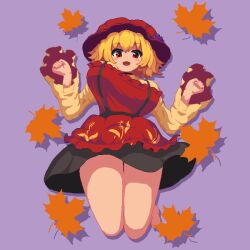 Rule 34 | 1girl, aki minoriko, apron, barefoot, black skirt, blonde hair, bouncing breasts, breasts, commentary, english commentary, food, fruit, full body, grapes, grey background, highres, large breasts, leaf, legs up, long sleeves, looking at viewer, maple leaf, open mouth, pixel art, red apron, red eyes, red headwear, rioku, short hair, simple background, skirt, solo, touhou