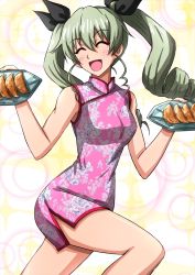 Rule 34 | 1girl, ^ ^, aged up, alternate costume, anchovy (girls und panzer), black ribbon, china dress, chinese clothes, closed eyes, dress, drill hair, dumpling, facing viewer, feet out of frame, food, girls und panzer, green hair, hair ribbon, highres, holding, holding food, jiaozi, long hair, omachi (slabco), open mouth, plate, ribbon, sleeveless, sleeveless dress, solo, twin drills, twintails