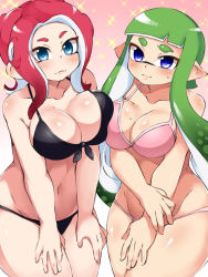 Rule 34 | 2girls, asymmetrical docking, bikini, black bikini, blue eyes, blunt bangs, blush, breast press, breasts, cleavage, closed mouth, commentary, covering crotch, covering privates, curvy, front-tie bikini top, front-tie top, green hair, groin, halterneck, hands on own thighs, highres, inkling, inkling girl, inkling player character, large breasts, leaning forward, light frown, light smile, long hair, looking at viewer, makeup, mascara, mask, medium breasts, medium hair, multiple girls, navel, nintendo, octoling, octoling girl, octoling player character, penguin maru (penginmaru), pink bikini, pointy ears, red hair, side-by-side, skindentation, sparkle, splatoon (series), string bikini, suction cups, sweat, sweatdrop, swimsuit