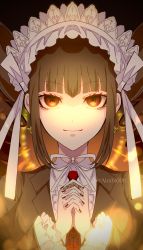 Rule 34 | 1girl, airabi, artist name, bonnet, brown background, brown hair, celestia ludenberg, center frills, closed mouth, danganronpa: trigger happy havoc, danganronpa (series), drill hair, frills, gothic lolita, hands up, highres, interlocked fingers, jacket, lolita fashion, long hair, long sleeves, looking at viewer, necktie, red eyes, red necktie, smile, solo, twin drills, twintails