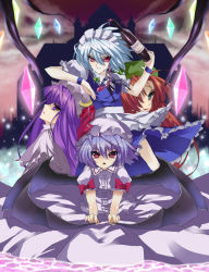 Rule 34 | 4girls, :o, beret, blunt bangs, china dress, chinese clothes, crescent, dress, embodiment of scarlet devil, female focus, flandre scarlet, hat, hong meiling, izayoi sakuya, kousou, light purple hair, long hair, looking at viewer, maid headdress, multiple girls, open mouth, patchouli knowledge, pouring, red eyes, red hair, remilia scarlet, shaded face, short hair, silver hair, touhou, very long hair