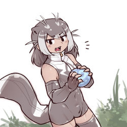 Rule 34 | 0x0082, 1boy, animal ears, antenna hair, bulge, covered navel, dutch angle, elbow gloves, extra ears, fangs, fingerless gloves, food, genderswap, genderswap (ftm), giant otter (kemono friends), gloves, grey hair, highres, holding, holding food, japari bun, kemono friends, looking at viewer, male focus, medium hair, multicolored hair, one-piece swimsuit, open mouth, otter girl, otter tail, parted bangs, sidelocks, sleeveless, solo, swimsuit, tail, tan, thighhighs, tsurime, two-tone hair, zipper, zipper pull tab