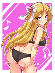 Rule 34 | 1girl, ass, ass support, bare shoulders, bikini, blonde hair, blue eyes, bow, breasts, butt crack, character name, copyright request, cougar (cougar1404), flower, from behind, green eyes, hair bow, hair flower, hair ornament, hairband, heterochromia, large breasts, leaning, leaning forward, long hair, looking at viewer, looking back, shiny clothes, shiny skin, sideboob, smile, solo, swimsuit, very long hair, wedgie
