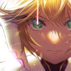 Rule 34 | 1girl, blonde hair, close-up, commentary request, eye focus, eye trail, fiora (xenoblade), frown, green eyes, highres, kyosuke1413koba, light trail, mecha-fiora, portrait, signature, xenoblade chronicles (series), xenoblade chronicles 1