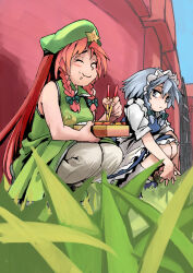 Rule 34 | 2girls, apron, beret, blue footwear, blush, bow, braid, china dress, chinese clothes, chopsticks, closed eyes, closed mouth, dress, embodiment of scarlet devil, food, frilled dress, frills, full body, grass, green bow, grey eyes, grey hair, hat, hat ornament, highres, holding, holding chopsticks, hong meiling, izayoi sakuya, long hair, looking at another, maid, maid apron, maid headdress, multiple girls, on ground, own hands clasped, own hands together, pants, red hair, rightorisamraido3, scarlet devil mansion, shoes, short hair, short sleeves, sitting, smile, socks, star (symbol), star hat ornament, touhou, twin braids, waist apron