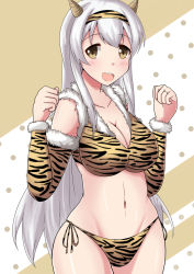 Rule 34 | 10s, 1girl, :d, animal print, bikini, blush, breasts, brown eyes, cleavage, clenched hands, collarbone, curvy, detached sleeves, hairband, kantai collection, large breasts, long hair, looking at viewer, navel, open mouth, setsubun, shoukaku (kancolle), side-tie bikini bottom, smile, solo, standing, swimsuit, tiger print, white hair, wide hips, yukimi unagi