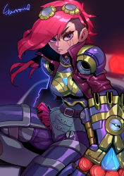 Rule 34 | 1girl, belt, belt buckle, brown belt, buckle, car, closed mouth, eyes visible through hair, gauntlets, goggles, goggles on head, hair over one eye, highres, jacket, league of legends, long hair, motor vehicle, pink hair, pink lips, police car, purple eyes, purple jacket, sitting, solo, sparrowl, steampunk, vehicle, vi (league of legends)