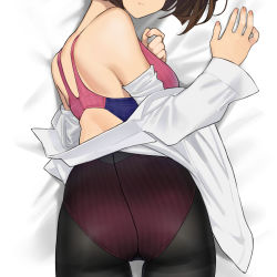Rule 34 | 1girl, ass, bare shoulders, bed sheet, breasts, closed mouth, commentary request, competition swimsuit, dakimakura (medium), facing viewer, from above, from behind, gusset, highres, lap pillow, long sleeves, lying, miru tights, moegi homi, nail polish, off shoulder, on stomach, one-piece swimsuit, open clothes, open shirt, pantyhose, pantyhose over swimsuit, pink nails, pink one-piece swimsuit, shirt, small breasts, solo, striped clothes, striped one-piece swimsuit, swimsuit, swimsuit under clothes, thighband pantyhose, vertical-striped clothes, vertical-striped one-piece swimsuit, white shirt, yomu (sgt epper)