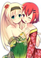 Rule 34 | 1girl, 2girls, alternate hairstyle, aurora (night sky), bare shoulders, blonde hair, blush, breasts, brown eyes, cleavage, english text, flower, green eyes, hair flower, hair ornament, hairband, hairclip, highres, japanese clothes, kimono, large breasts, long hair, multiple girls, new year, off shoulder, one eye closed, open mouth, orange hair, original, ponytail, shiroyama hikari (night sky), short hair, simple background, sleeves past wrists, smile, snow (gi66gotyo), standing, the star of promise in this night sky, white background, wide sleeves, wink