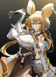 Rule 34 | 1girl, absurdres, animal ears, arknights, bare shoulders, black background, black skirt, blonde hair, breasts, coat, commentary request, cowboy shot, dorothy (arknights), gradient background, hair between eyes, hair intakes, highres, large breasts, long hair, looking at viewer, off shoulder, open clothes, open coat, sanqianqianqianqian w, shirt, skirt, smile, solo, standing, white coat, white shirt, yellow eyes