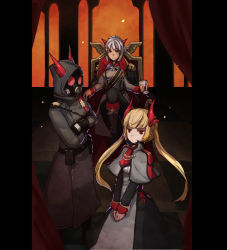 Rule 34 | 2girls, aiguillette, androgynous, belt, belt pouch, black dress, black pants, blonde hair, braid, breasts, capelet, cloak, closed mouth, crossed arms, cup, curtains, dress, drinking glass, emblem, epaulettes, expressionless, french braid, gas mask, holding, hood, hooded cloak, horns, indoors, jitome, kihato, large breasts, loincloth, long sleeves, looking at viewer, mask, medal, military, military uniform, monocle, multiple girls, necktie, original, own hands together, pants, pocket, pouch, red eyes, red necktie, red ribbon, ribbon, silver hair, star (symbol), throne, twintails, uniform, v arms, window, wine glass