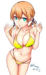 Rule 34 | 10s, 1girl, anchor hair ornament, aqua eyes, arms up, bikini, blonde hair, breasts, cleavage, cowboy shot, franz (217franz), hair ornament, halterneck, highres, kantai collection, large breasts, layered bikini, looking at viewer, low twintails, navel, open mouth, prinz eugen (kancolle), simple background, smile, solo, string bikini, swimsuit, twintails, twitter username, white background, yellow bikini