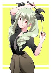 Rule 34 | 10s, 1girl, anchovy (girls und panzer), arm up, bad id, bad pixiv id, black ribbon, black shirt, clothes around waist, drill hair, girls und panzer, green hair, grey necktie, grin, hair between eyes, hair ribbon, highres, holding, holding riding crop, holding whip, long hair, looking at viewer, moekichi, necktie, red eyes, ribbon, riding crop, shirt, smile, solo, standing, sweater, sweater around waist, twin drills