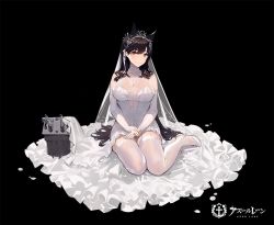 Rule 34 | 1girl, alternate costume, animal ears, atago (azur lane), azur lane, black background, black hair, breasts, bridal veil, brown eyes, closed mouth, commentary request, copyright name, dress, elbow gloves, extra ears, flower, gloves, hair ribbon, jewelry, kishiyo, large breasts, logo, long hair, looking at viewer, mole, mole under eye, petals, ribbon, ring, smile, swept bangs, thighhighs, turret, veil, wedding, wedding band, wedding dress, wedding ring, white dress, white flower, white gloves, white ribbon